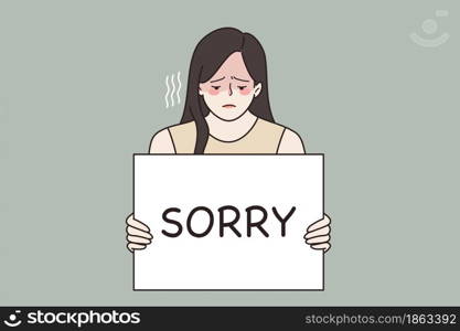 Feeling sorry and guilt concept. Young sad frustrated woman feeling guilty holding sign saying sorry in hands vector illustration . Feeling sorry and guilt concept