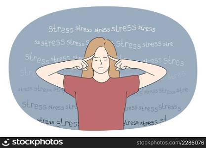 Feeling stress and headache concept. Young woman standing touching head feeling stressed and headache with lettering at background vector illustration . Feeling stress and headache concept.