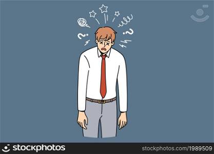 Feeling stressed and tired concept. Young man worker cartoon character wearing official clothes standing with crosses instead of eyes feeling exhausted at work vector illustration . Feeling stressed and tired concept