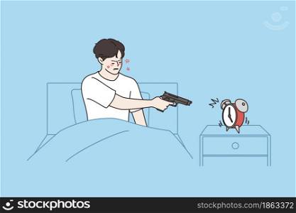 Feeling tired and sleepless concept. Young irritated stressed man aiming gun at alarm clock since morning staying in bed over blue background vector illustration . Feeling tired and sleepless concept