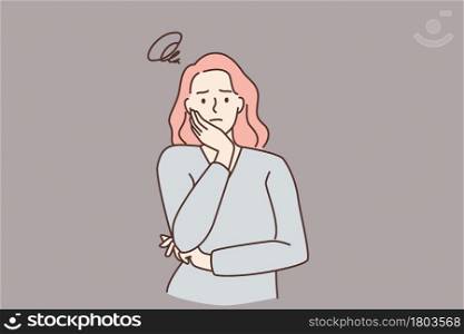 Feeling worried and frustration concept. Young irritated frustrated woman cartoon character standing touching chick looking at camera vector illustration . Feeling worried and frustration concept