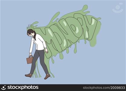 Feeling zombie on Monday concept. Young stressed exhausted woman worker going to work feeling zombie on Monday vector illustration . Feeling zombie on Monday concept.