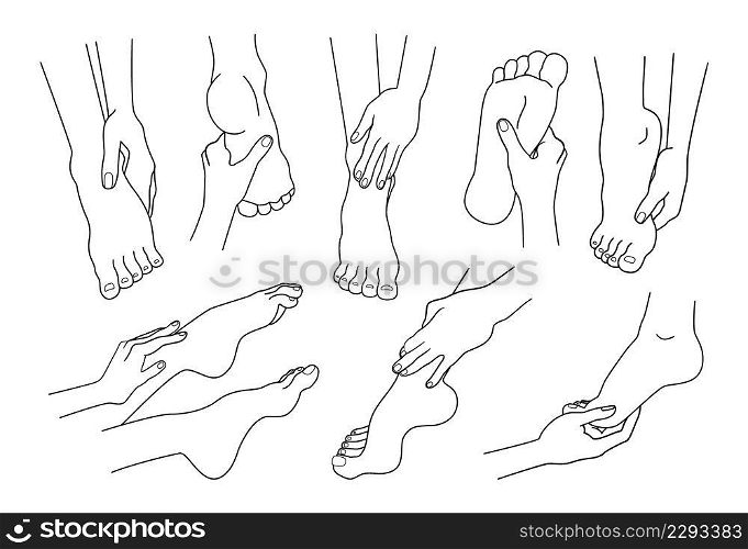 Feet with hands. Beauty cosmetics. Skin care and medical logo graphic template. Isolated outline female barefoot ankles. Womens arms touching naked soles. Human limbs. Vector line art body parts set. Feet with hands. Beauty cosmetics. Skin care and medical logo graphic template. Outline female barefoot ankles. Womens arms touching soles. Human limbs. Vector line art body parts set