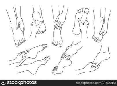 Feet with hands. Beauty cosmetics. Skin care and medical logo graphic template. Isolated outline female barefoot ankles. Womens arms touching naked soles. Human limbs. Vector line art body parts set. Feet with hands. Beauty cosmetics. Skin care and medical logo graphic template. Outline female barefoot ankles. Womens arms touching soles. Human limbs. Vector line art body parts set
