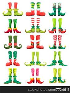Feets of Christmas elf, leprechaun, gnome, fairy and dwarf with cartoon vector shoes or funny boots with bells, striped socks, stockings and buckles. Xmas holiday and fairy game user interface design. Feets of Christmas elf, leprechaun, gnome, fairy