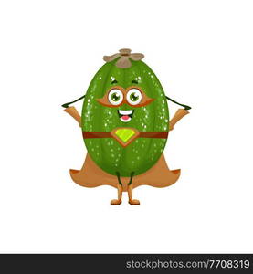 Feijoa fruit superhero cartoon character, vector tropical fruit and food in super hero costume. Feijoa fruit as powerful superhero with magic power belt. Fruit superhero, feijoa in cartoon super hero cape