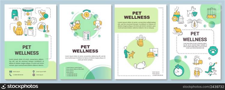 Feline and canine wellness green brochure template. Veterinary care. Leaflet design with linear icons. 4 vector layouts for presentation, annual reports. Arial-Bold, Myriad Pro-Regular fonts used. Feline and canine wellness green brochure template