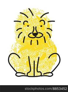 Feline animal thumbprint, isolated portrait of lion with hairy head coat. Cute personage living in pride, shaggy mane of mammal. Simple drawing of character with finger st&, vector in flat style. Thumbprint drawing of lion feline animal portrait