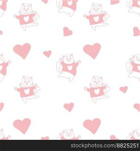 feline seamless pattern. Cute enamored cats with hearts on white background. Vector illustration in doodle style. Endless background for valentines, wallpapers, packaging, print