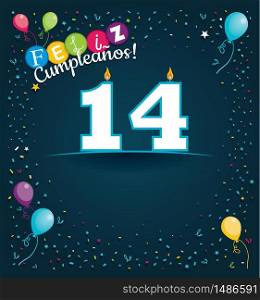 Feliz Cumpleanos 14 - Happy Birthday 14 in Spanish language - Greeting card with white candles in the form of number with background of balloons and confetti of various color on dark blue background. With space to write. Vector image