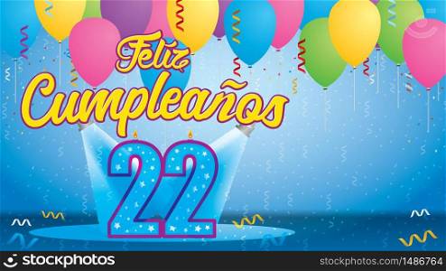 Feliz Cumpleanos 22 - Happy Birthday in Spanish language - Greeting card. Candle lit in the form of a number being lit by two reflectors in a room with balloons floating with streamers and confetti