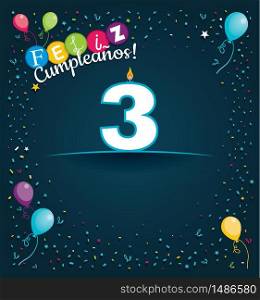 Feliz Cumpleanos 3 - Happy Birthday 3 in Spanish language - Greeting card with white candles in the form of number with background of balloons and confetti of various color on dark blue background. With space to write. Vector image