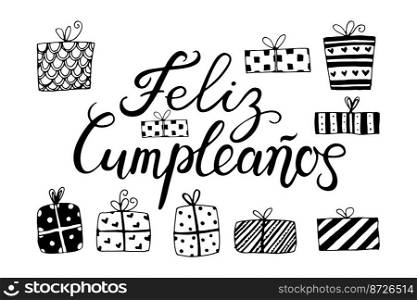 Feliz Cumpleanos, Happy Birthday in spanish language. Vector doodle. Feliz Cumpleanos, Happy Birthday in spanish language. Handdrawing lettering vector doodle illustration