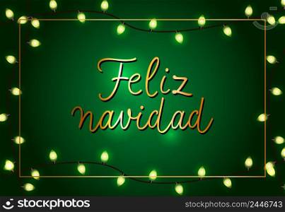 Feliz Navidad festive poster design. Christmas garlands and frame on green background. Template can be used for banners, greeting cards, flyers