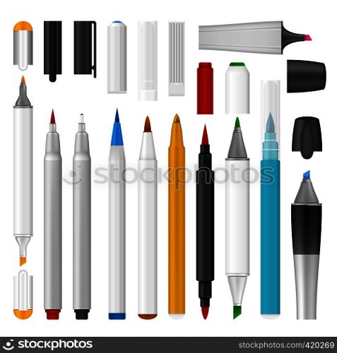 Felt-tip pen marker mockup set. Realistic illustration of 10 felt-tip pen marker mockup for web. Felt-tip pen marker mockup set, realistic style