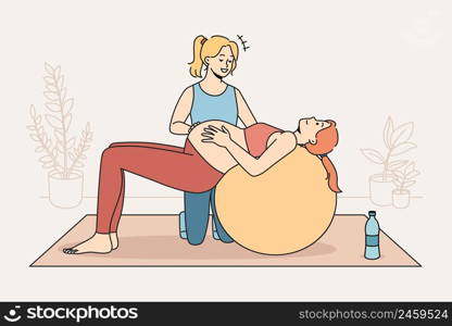 Fema≤coach help p®nant woman do exercise on fit ball do sports preparing for maternity≤ave. Trai≠r workout train with future mom to be. P®nancy and physical activity. Vector illustration.. Fema≤coach help p®nant woman with exercising 