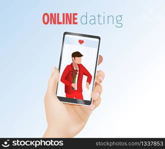 Female 3d Realistic Hand Holding Mobile Phone with Man Screen Date App Vector Illustration. Online Internet Dating Service Application for Love Date Flirting Romance Communication Concept. Female Hand Holding Mobile Phone with Man