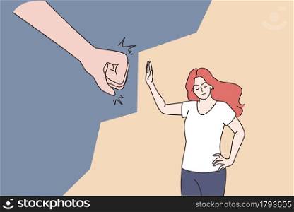 Female abuse and harassment concept. Strong woman cartoon character fighting domestic violence and violent treatment of women trying to Stop violence vector illustration. Female abuse and harassment concept.