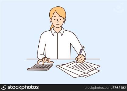 Female accountant take notes on paper count on calculator sitting at office desk. Woman employee or worker busy calculating expenses on machine. Vector illustration. . Female employee busy counting on calculator 