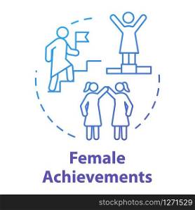Female achievements blue concept icon. Womens accomplishments. Professional success. Feminism. Woman power idea thin line illustration. Vector isolated outline RGB color drawing