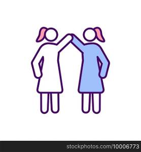 Female achievements RGB color icon. Sisterhood. Female friendship. Girl-pal. Women movement. Gender social roles. Empowering women in community. Relationships and support. Isolated vector illustration. Female achievements RGB color icon