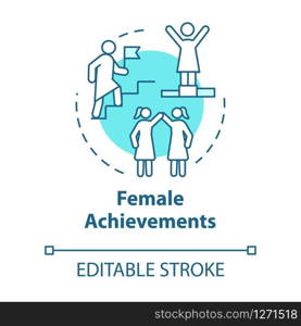 Female achievements turquoise concept icon. Womens accomplishments. Professional success. Feminism. Woman power idea thin line illustration. Vector isolated outline RGB color drawing. Editable stroke