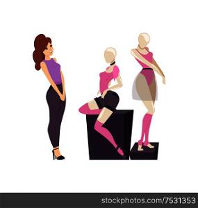Female admiring fashionable brand clothes placed on mannequins showcase vector. Presentation of new collection t-shirts and shorts, skirt and choker. Female Admires Fashionable Clothes Showcase Vector