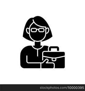Female adult black glyph icon. Middle-aged woman. 35-40 years old. Adulthood period. Mentally and sexually mature. Matured person. Silhouette symbol on white space. Vector isolated illustration. Female adult black glyph icon