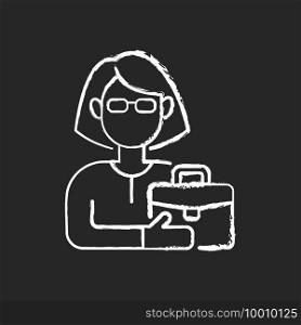 Female adult chalk white icon on black background. Middle-aged woman. 35-40 years old. Adulthood period. Mentally and sexually mature. Matured person. Isolated vector chalkboard illustration. Female adult chalk white icon on black background