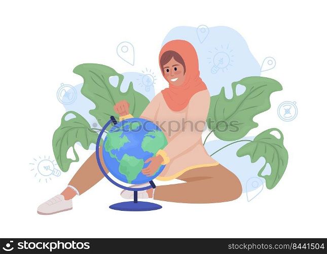 Female adventure lover 2D vector isolated illustration. Excited girl studying 3d Earth globe flat character on cartoon background. Colourful editable scene for mobile, website, presentation. Female adventure lover 2D vector isolated illustration