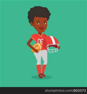 Female african-american rugby player holding ball and helmet in hands. Full length of young smiling female rugby player in uniform. Vector flat design illustration. Square layout.. Rugby player vector illustration.