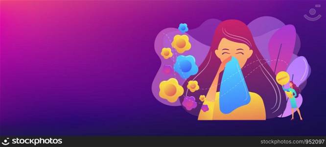 Female allergic to spring flowers sneezing and taking medicine. Seasonal allergy, seasonal allergy diagnosis, pollen allergy immunotherapy concept. Header or footer banner template with copy space.. Seasonal allergy concept banner header.