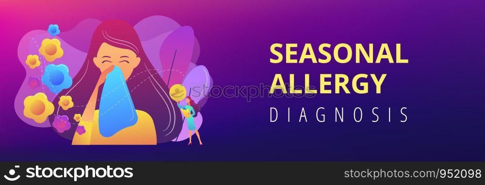 Female allergic to spring flowers sneezing and taking medicine. Seasonal allergy, seasonal allergy diagnosis, pollen allergy immunotherapy concept. Header or footer banner template with copy space.. Seasonal allergy concept banner header.