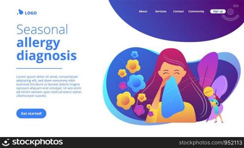 Female allergic to spring flowers sneezing and taking medicine. Seasonal allergy, seasonal allergy diagnosis, pollen allergy immunotherapy concept. Website vibrant violet landing web page template.. Seasonal allergy concept landing page.