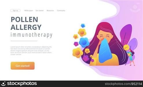Female allergic to spring flowers sneezing and taking medicine. Seasonal allergy, seasonal allergy diagnosis, pollen allergy immunotherapy concept. Website vibrant violet landing web page template.. Seasonal allergy concept landing page.
