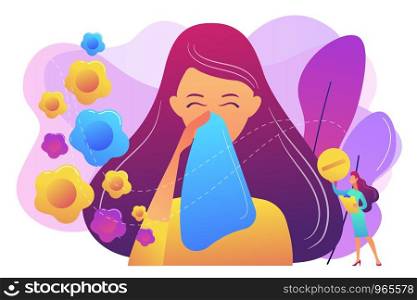 Female allergic to spring flowers sneezing and taking medicine. Seasonal allergy, seasonal allergy diagnosis, pollen allergy immunotherapy concept. Bright vibrant violet vector isolated illustration. Seasonal allergy concept vector illustration.