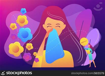 Female allergic to spring flowers sneezing and taking medicine. Seasonal allergy, seasonal allergy diagnosis, pollen allergy immunotherapy concept. Bright vibrant violet vector isolated illustration. Seasonal allergy concept vector illustration.