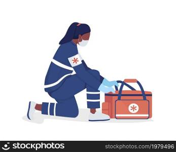 Female ambulance attendant semi flat color vector character. Full body person on white. Nurse with disaster supplies kit isolated modern cartoon style illustration for graphic design and animation. Female ambulance attendant semi flat color vector character