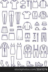 Female and male casual clothes, garment outline vector icons. Female and male casual clothes, garment outline vector icons. Fashion shirt and dress, coat and jacket illustration