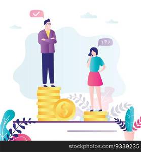 Female and male characters on piles of coins. Pay inequality between genders. Concept gender gap and discrimination women. Equal rights and opportunities for both sexes.Trendy flat vector illustration