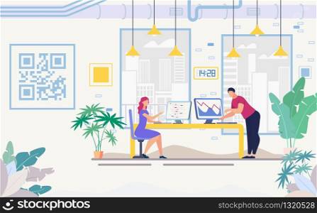 Female and Male Employees, Office Colleagues, Online Developers, Online Entrepreneurs Working on Computer, Analyzing Business Data, Communicating, Discussing in Company Office Flat Vector Illustration