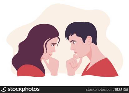 Female and male face looking each other and thinking vector flat illustration. Visual contact of suspicious man and woman isolated on white background. Pensive cartoon people contemplating. Female and male face looking each other and thinking vector flat illustration