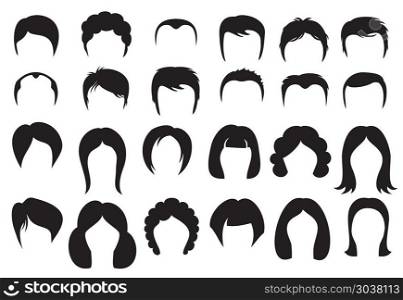 Female and male hair vector hairstyle silhouette icons style. Female and male hair vector hairstyle silhouette icons style. Set of fashion haircuts illustration