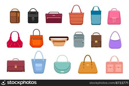 Female and male handbags. Flat handbag for man and woman, fabric leather purse. Travel bags, luxury tiny and vintage suitcase, exact vector fashion icons. Illustration of handbag accessory. Female and male handbags. Flat handbag for man and woman, fabric leather purse. Travel bags, luxury tiny and vintage suitcase, exact vector fashion icons