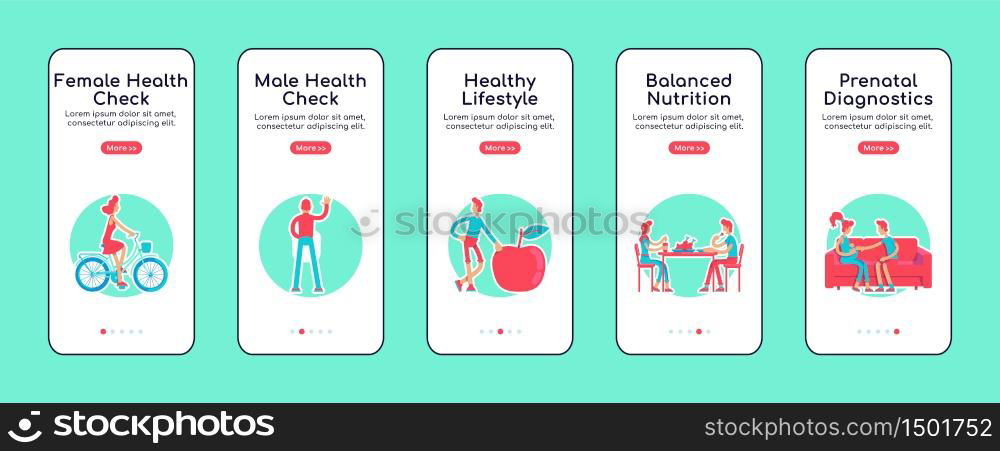 Female and male health check onboarding mobile app screen flat vector template. Walkthrough website steps with isolated characters on white. UX, UI, GUI smartphone cartoon interface. Female and male health check onboarding mobile app screen flat vector template