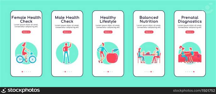 Female and male health check onboarding mobile app screen flat vector template. Walkthrough website steps with isolated characters on white. UX, UI, GUI smartphone cartoon interface. Female and male health check onboarding mobile app screen flat vector template