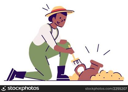 Female archaeologist found ancient jug semi flat RGB color vector illustration. Sitting figure. Person with experience in archaeological field isolated cartoon character on white background. Female archaeologist found ancient jug semi flat RGB color vector illustration