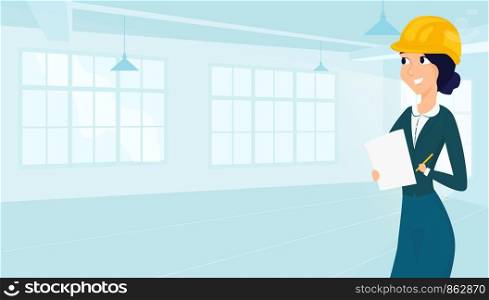 Female architect draws floor plan for design. Vector illustration of working cartoon characters in coworking studio. The concept of construction, architecture, design