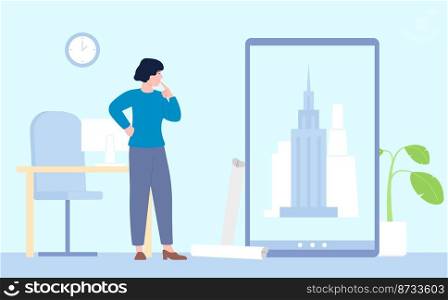 Female architect. Interior designer working on architecture project. Woman engineer construction look at buildings on screen, architecture vector concept. Illustration of architect woman with project. Female architect. Interior designer working on architecture project. Woman engineer construction look at buildings on screen, architecture recent vector concept