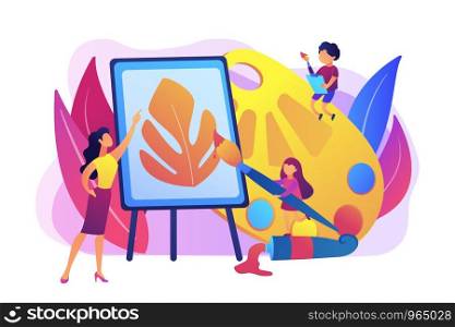 Female artist at easel teaching children painting with palette and brushes, tiny people. Art studio, open art classes, modern arts gallery concept. Bright vibrant violet vector isolated illustration. Art studio concept vector illustration.